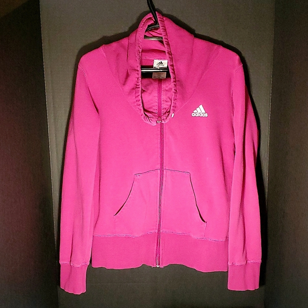Adidas Magenta/Pink Floral Graphic Zip Up Cowl Neck Sweater - Size Medium